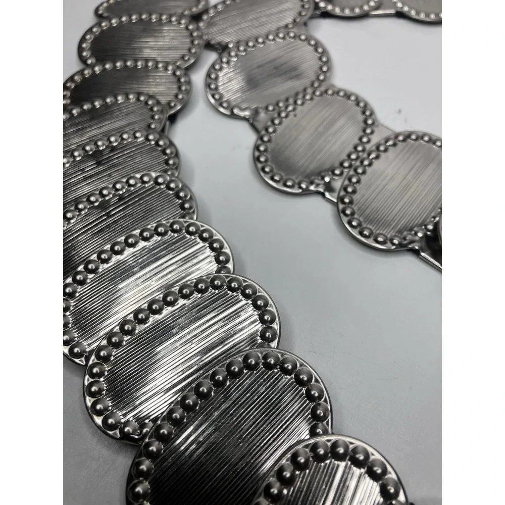 Vintage Silver Tone Metal & Black Elastic Stretch Textured Oval Medallions 2XL